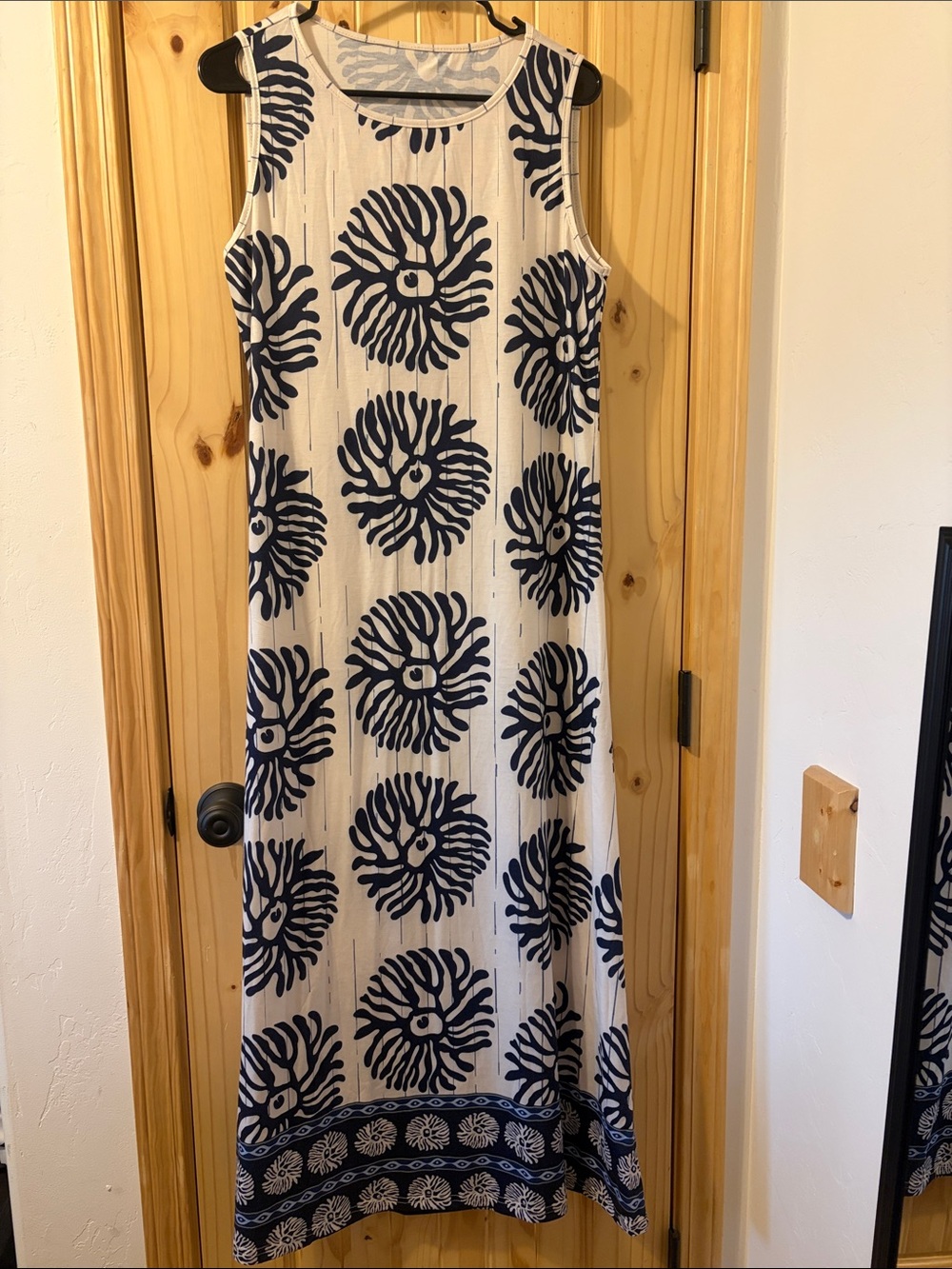 Sleeveless White Maxi Dress with Navy Floral Medallions
